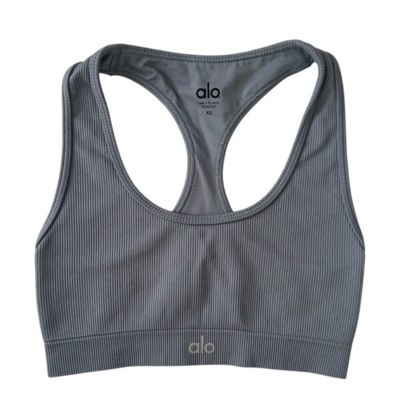 Alo Yoga Seamless Ribbed Bra - Steel Blue XS - Picture 2 of 5